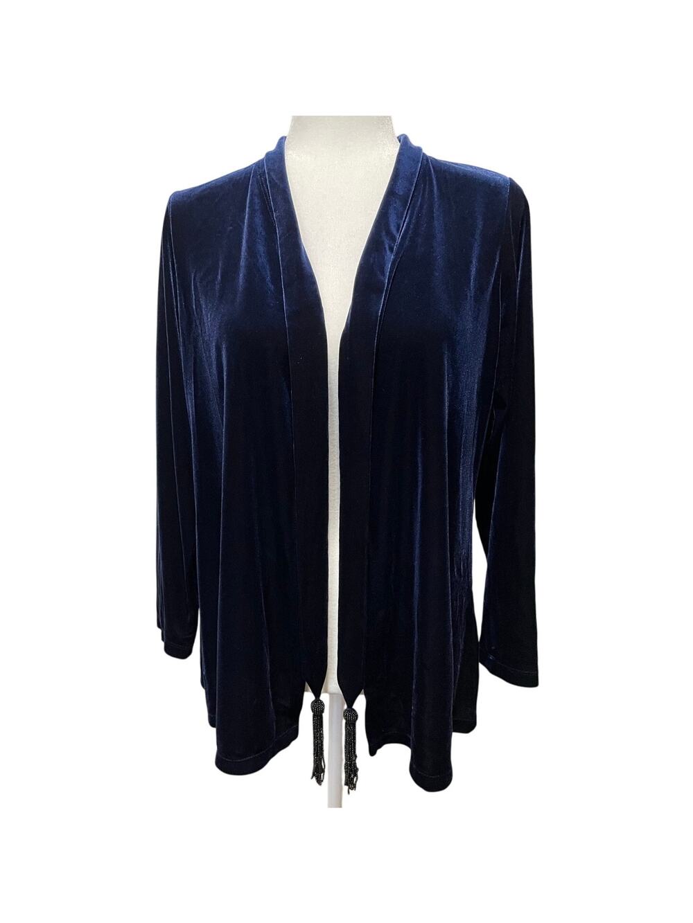Susan Graver Blue Velvet Cardigan Jacket Sz M Open Front Beaded Tassel Party